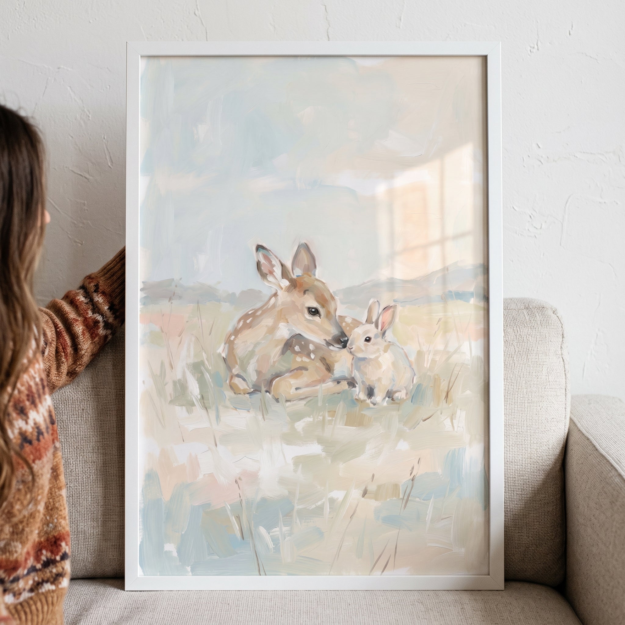 Soft Pastel Fawn Bunny Animals Wall Art - Gentle Forest Friends