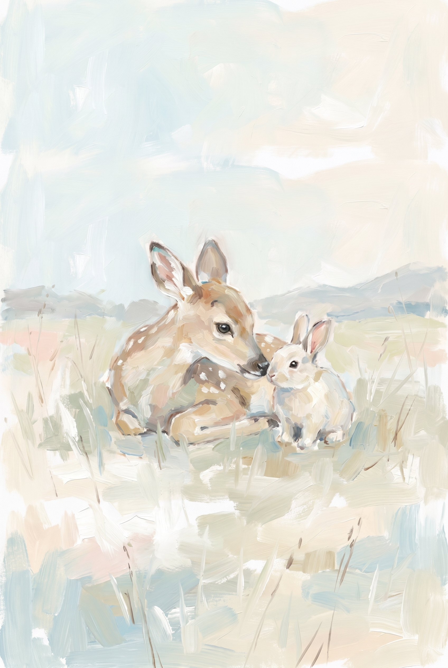 Soft Pastel Fawn Bunny Animals Wall Art - Gentle Forest Friends