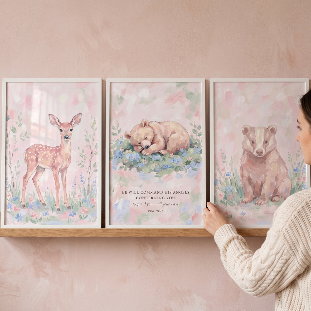 Soft Pastel Floral Animals Wall Art Set of 3 - Sacred Forest Friends