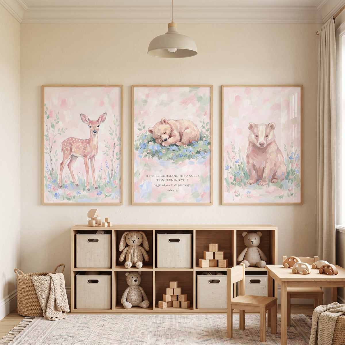 Soft Pastel Floral Animals Wall Art Set of 3 - Sacred Forest Friends