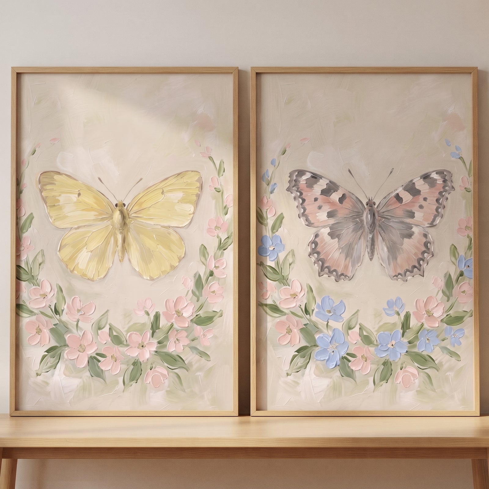 Soft pastel floral butterfly wall art set of 2 with textured yellow and pink butterflies above delicate spring blossoms.