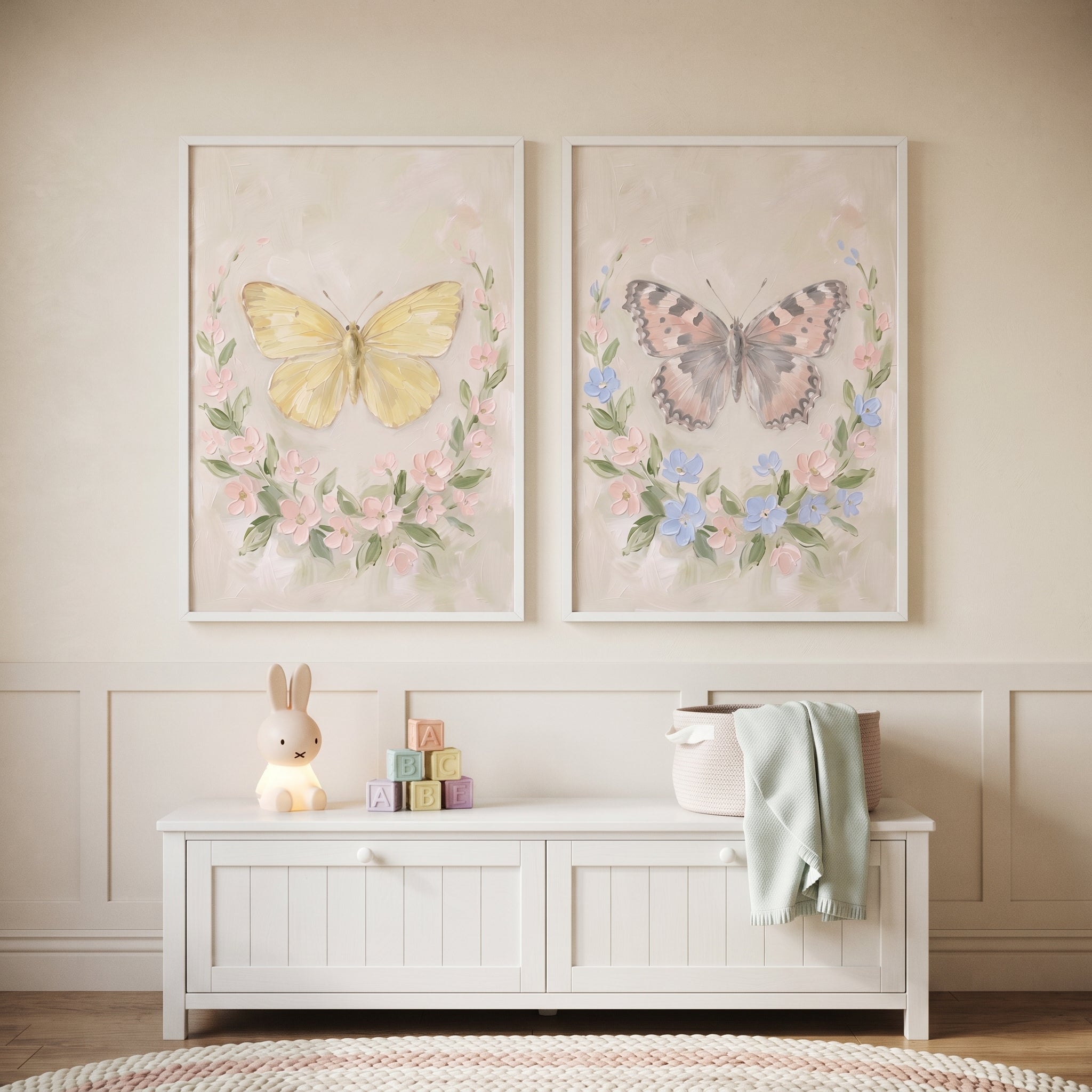 Soft Pastel Floral Butterfly Wall Art Set of 2 - Pastel Wing Harmony
