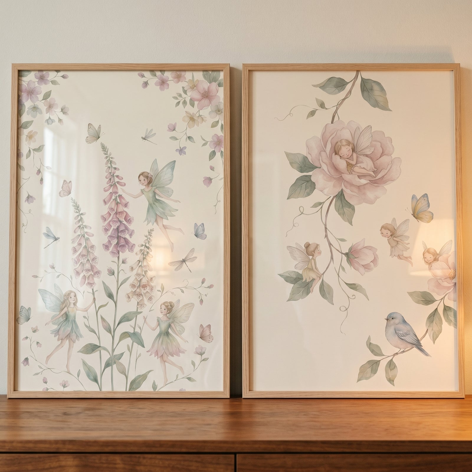 Soft pastel floral fairies wall art set of 2 in light wood frames with butterflies, flowers, and a bird.