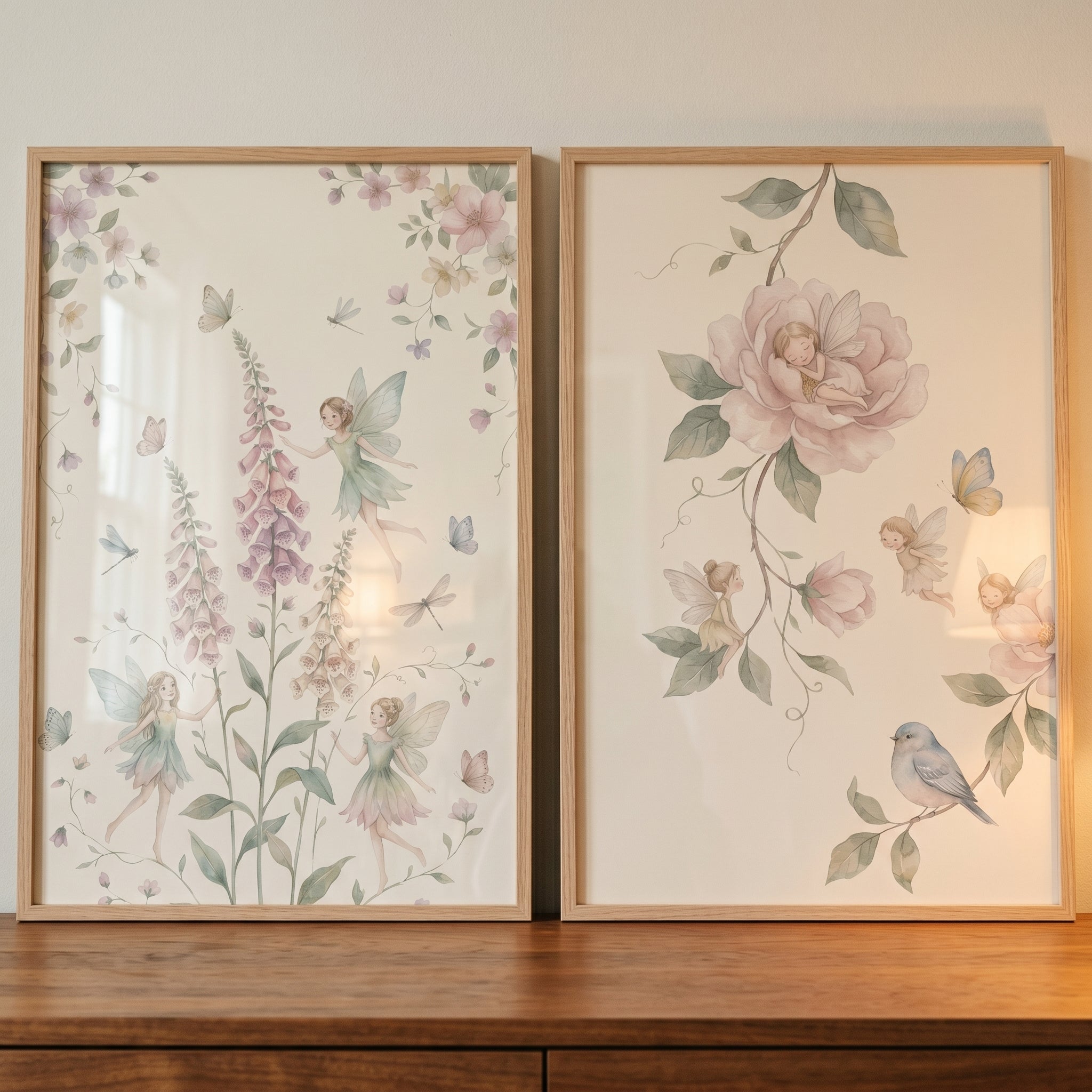Soft Pastel Floral Fairies Wall Art Set of 2 - Whimsical Fairy Garden