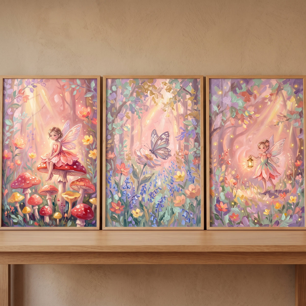 Soft pastel floral forest wall art set of 3 featuring whimsical fairies, mushrooms, and butterflies in a sunlit woods.