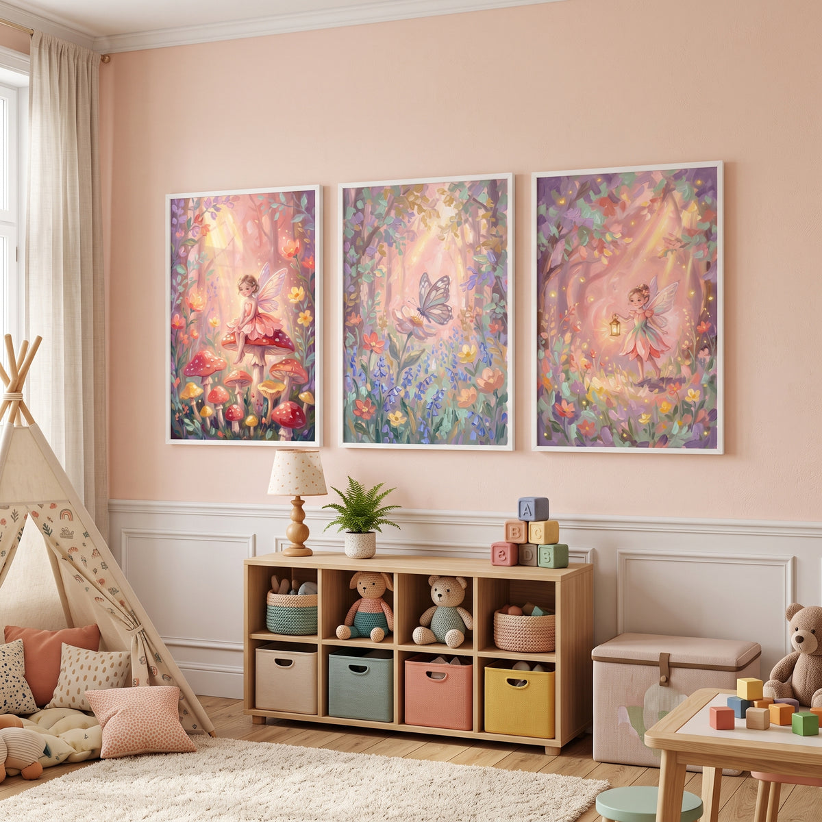 Soft Pastel Floral Forest Wall Art Set of 3 - Enchanted Lantern Glow