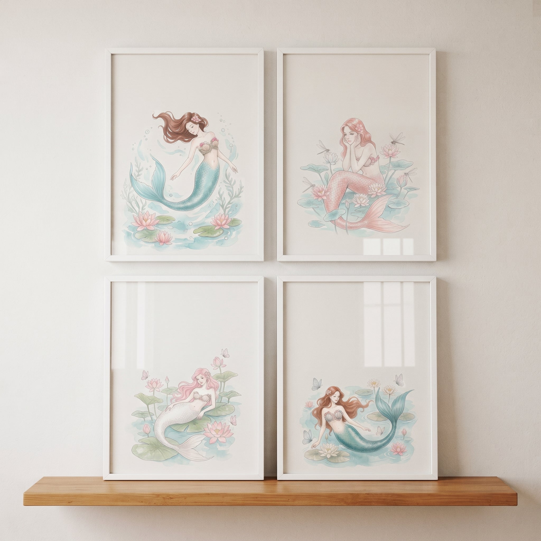 Soft Pastel Floral Mermaid Wall Art Set of 4 - Serene Lotus Mermaids