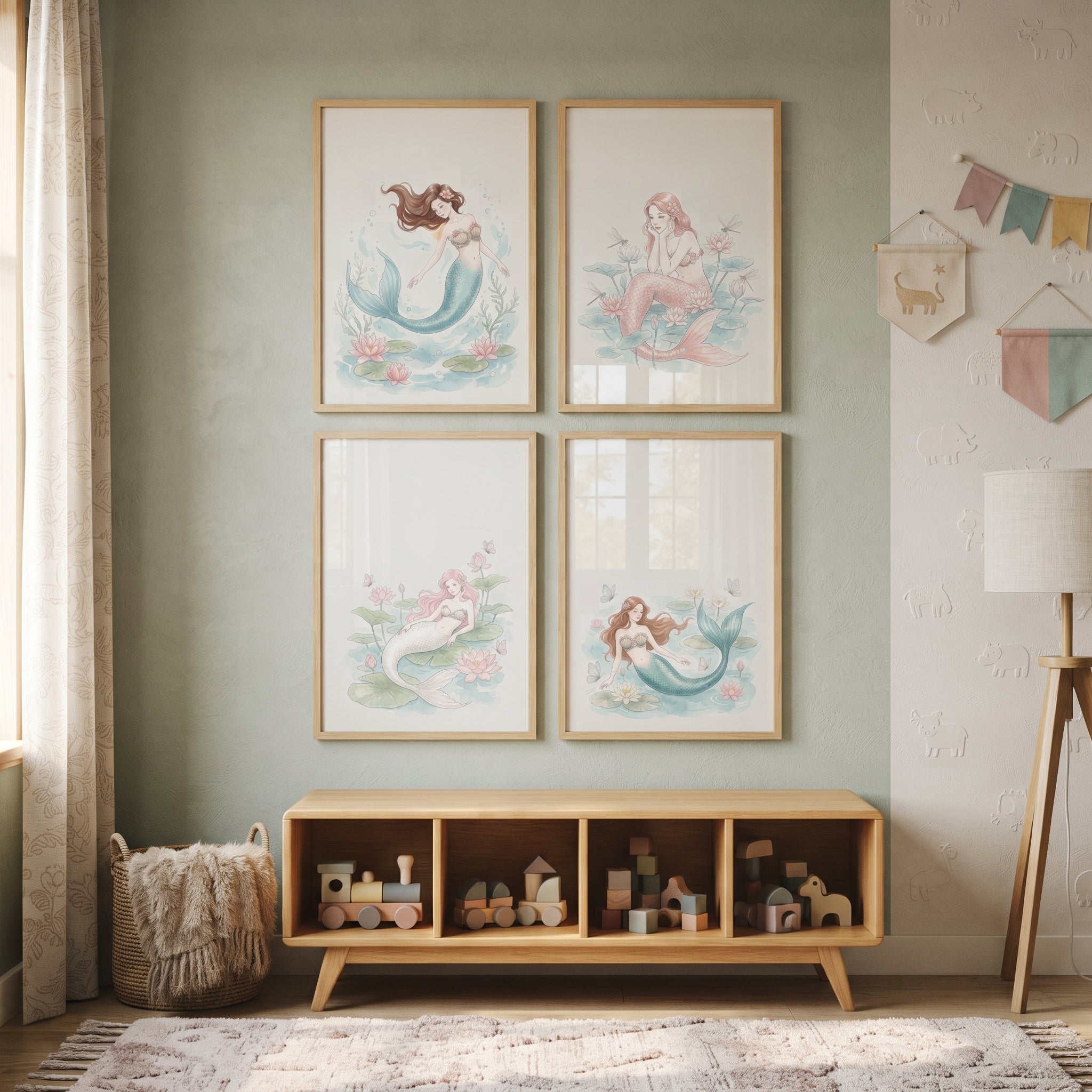Soft Pastel Floral Mermaid Wall Art Set of 4 - Serene Lotus Mermaids