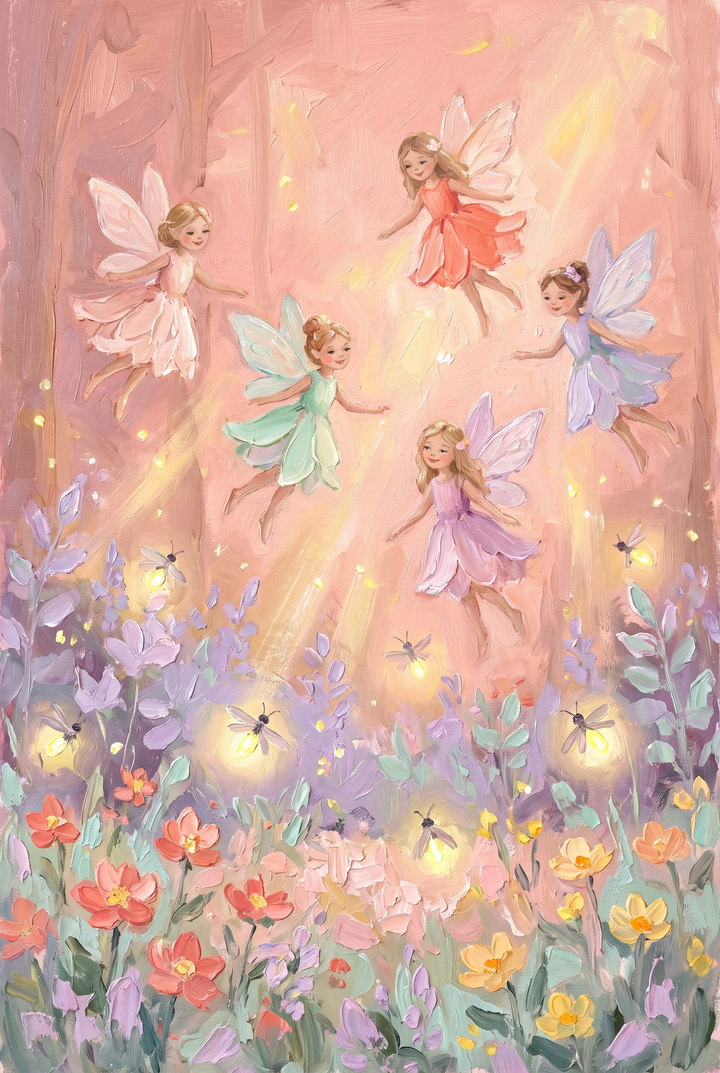 Five winged fairies fly over a meadow of colorful flowers and fireflies in this soft pastel flying fairy wall art.