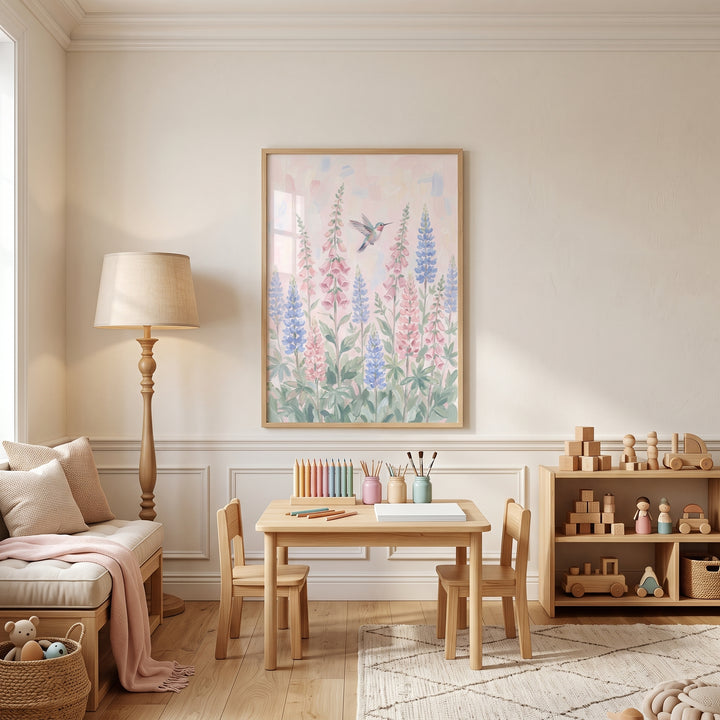 Soft pastel flying hummingbird wall art hangs in a sunny playroom with wooden furniture and toys.