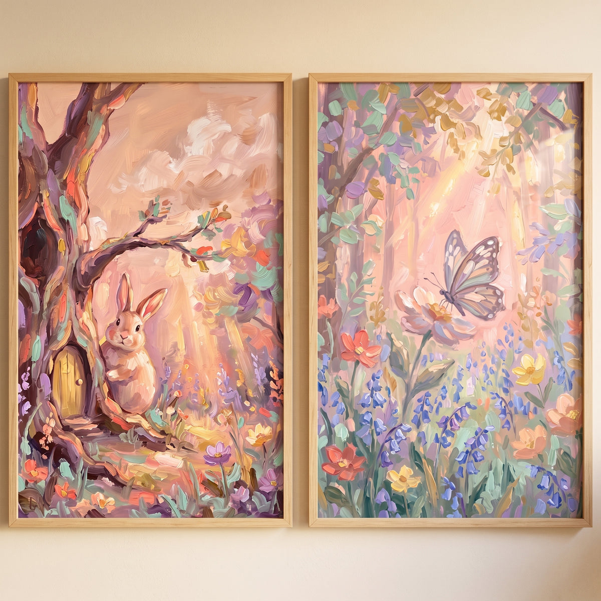 Soft pastel forest wall art set of 2 showing a bunny near a tiny tree door and a butterfly over wildflowers.