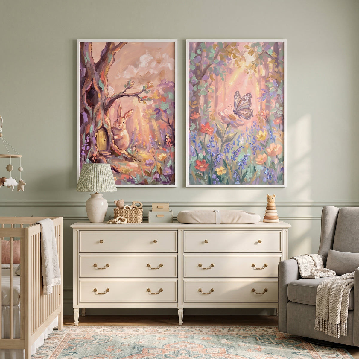 Soft Pastel Forest Wall Art Set of 2 - Sunlit Meadow Magic