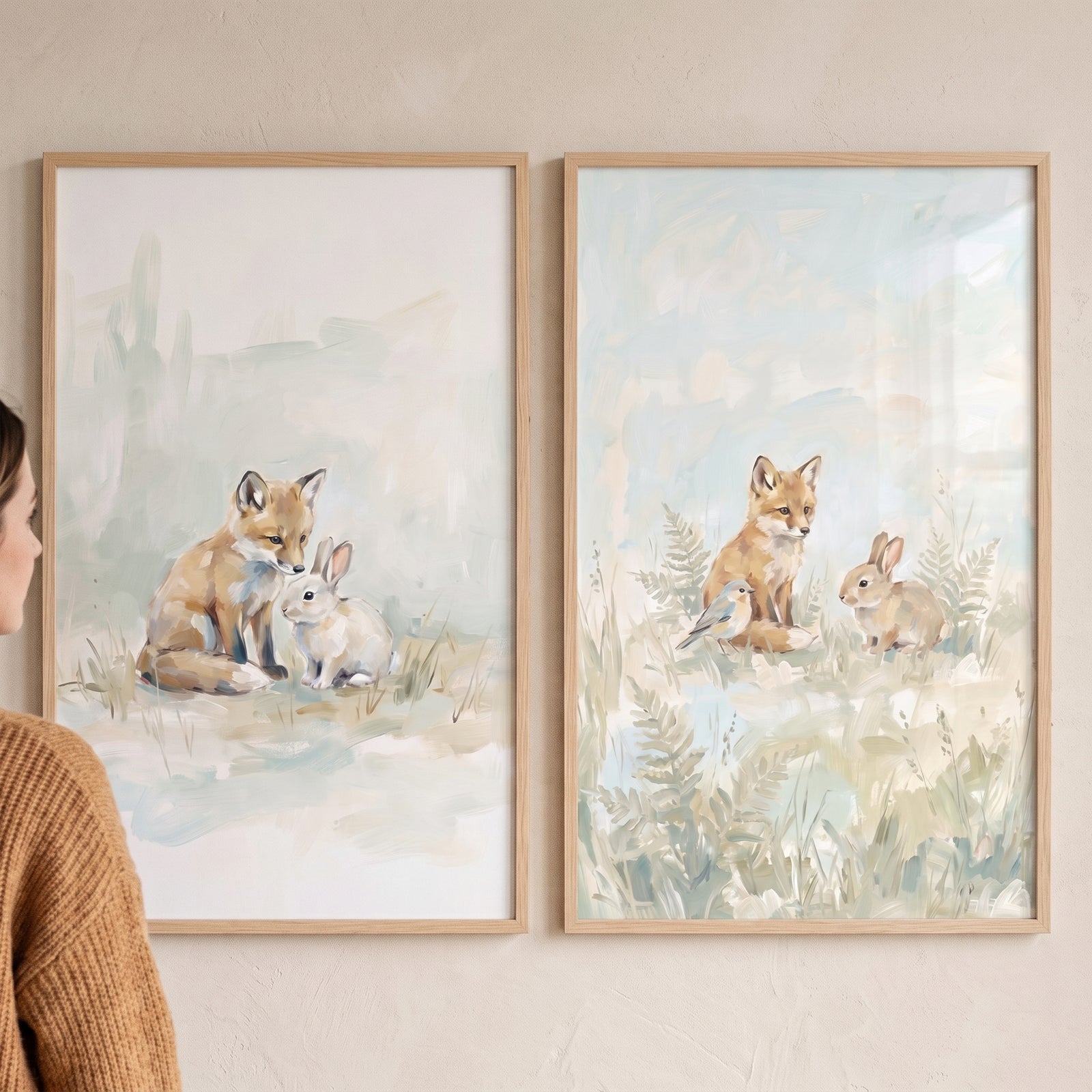 Soft pastel fox rabbit animals wall art set of 2 shows two framed illustrations of woodland animals in muted colors.