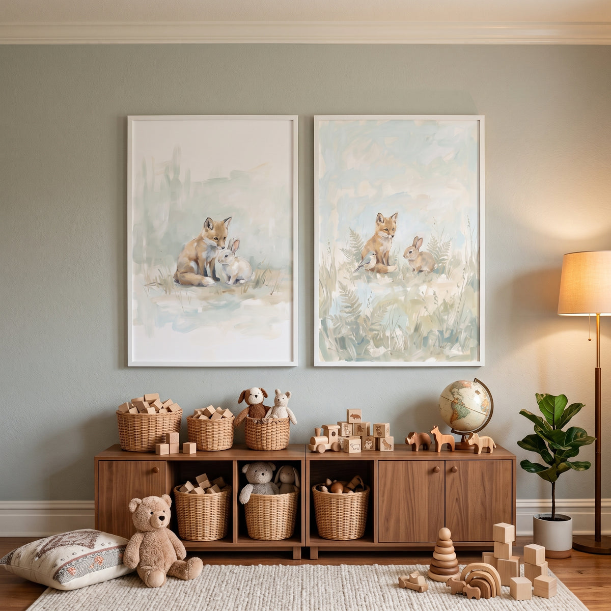 Soft Pastel Fox Rabbit Animals Wall Art Set Of 2 - Gentle Woodland Pals