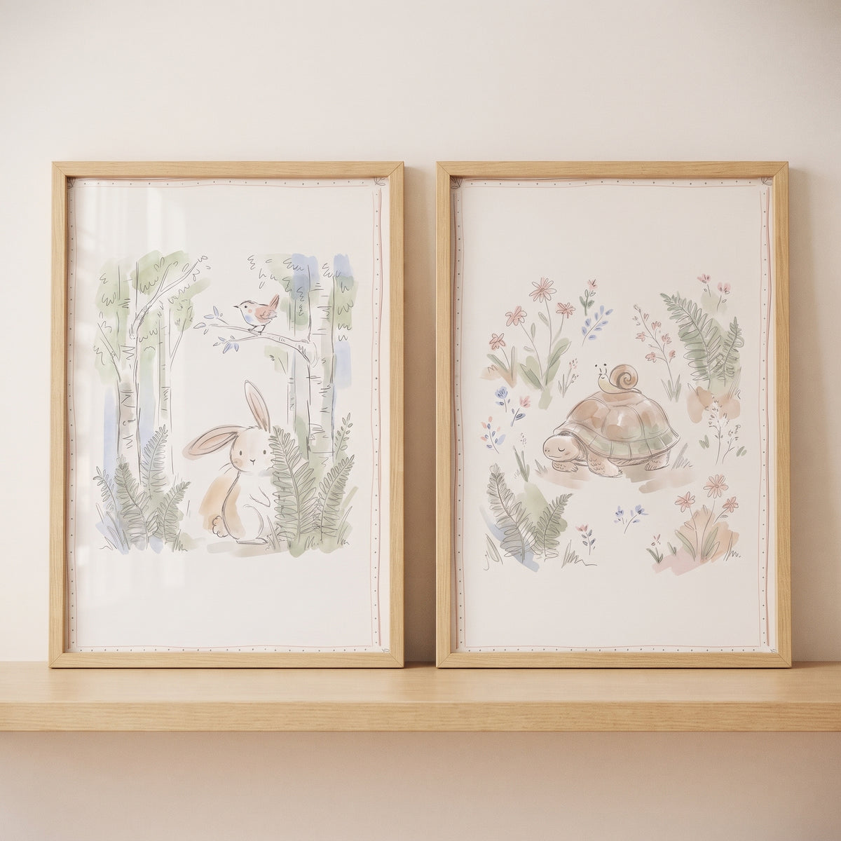 Soft pastel garden animal wall art set of 2 featuring a rabbit and a turtle in light wood frames on a shelf.