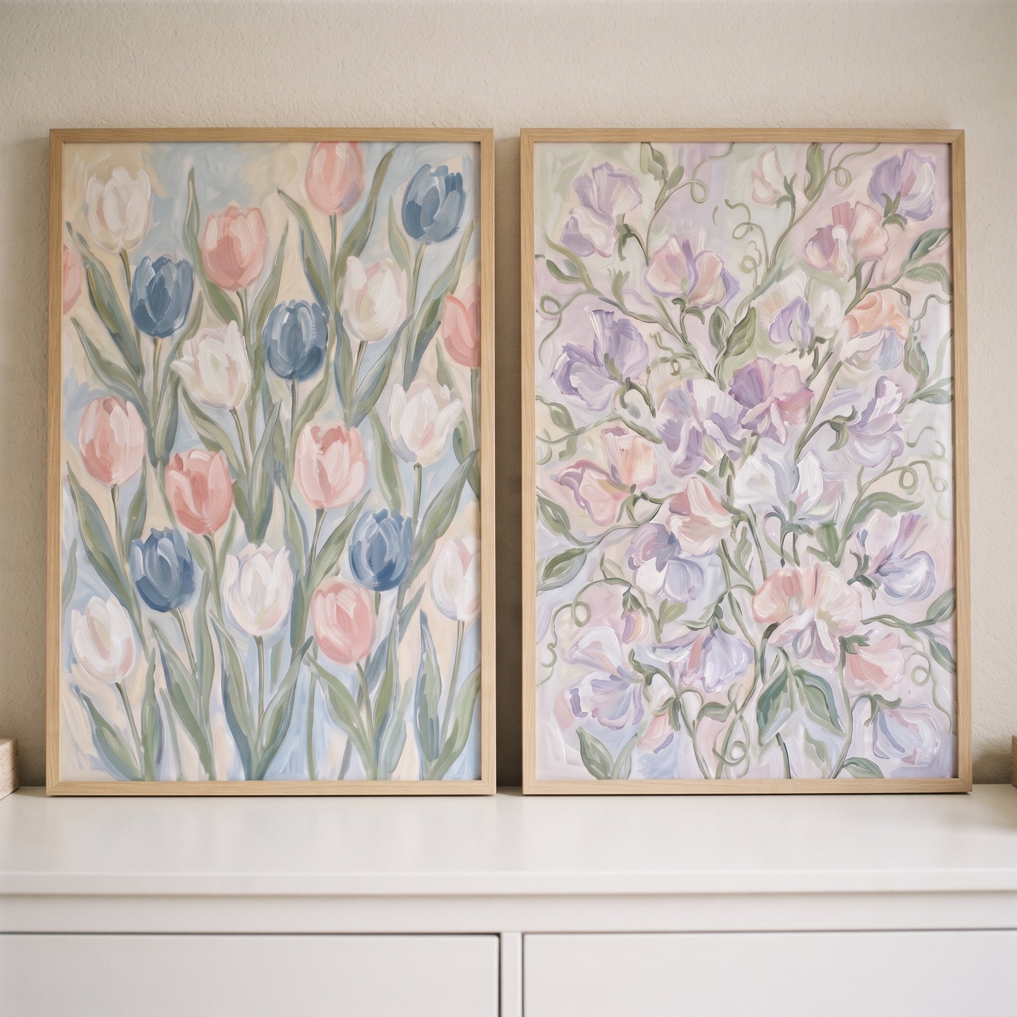 Soft Pastel Garden Floral Wall Art Set of 2 - Soft Spring Blooms
