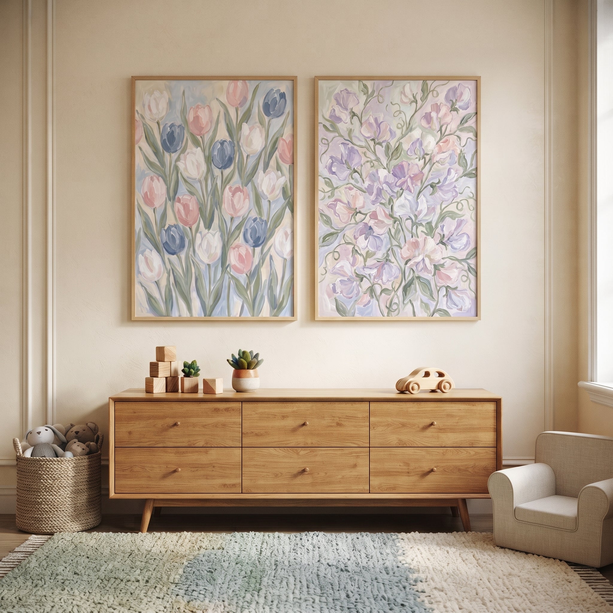 Soft Pastel Garden Floral Wall Art Set of 2 - Soft Spring Blooms