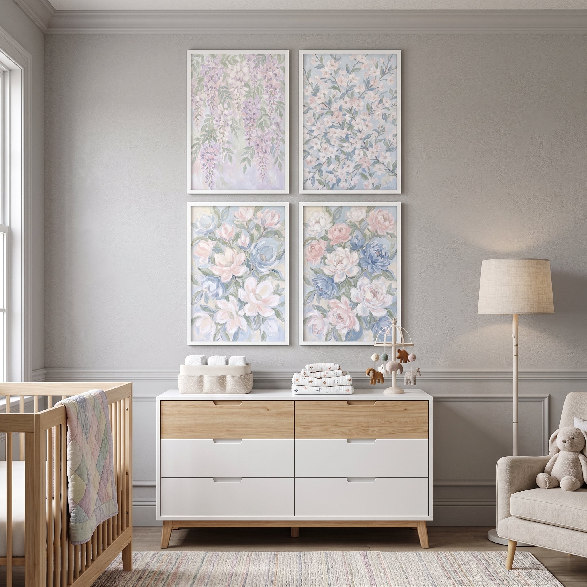 Soft Pastel Garden Floral Wall Art Set of 4 - Serene Garden Florals