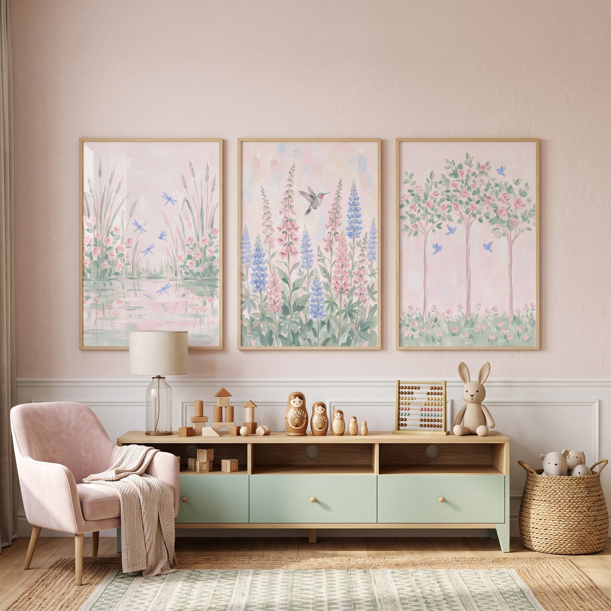 Soft Pastel Garden Wall Art Set of 3 - Whimsical Nature Scenes