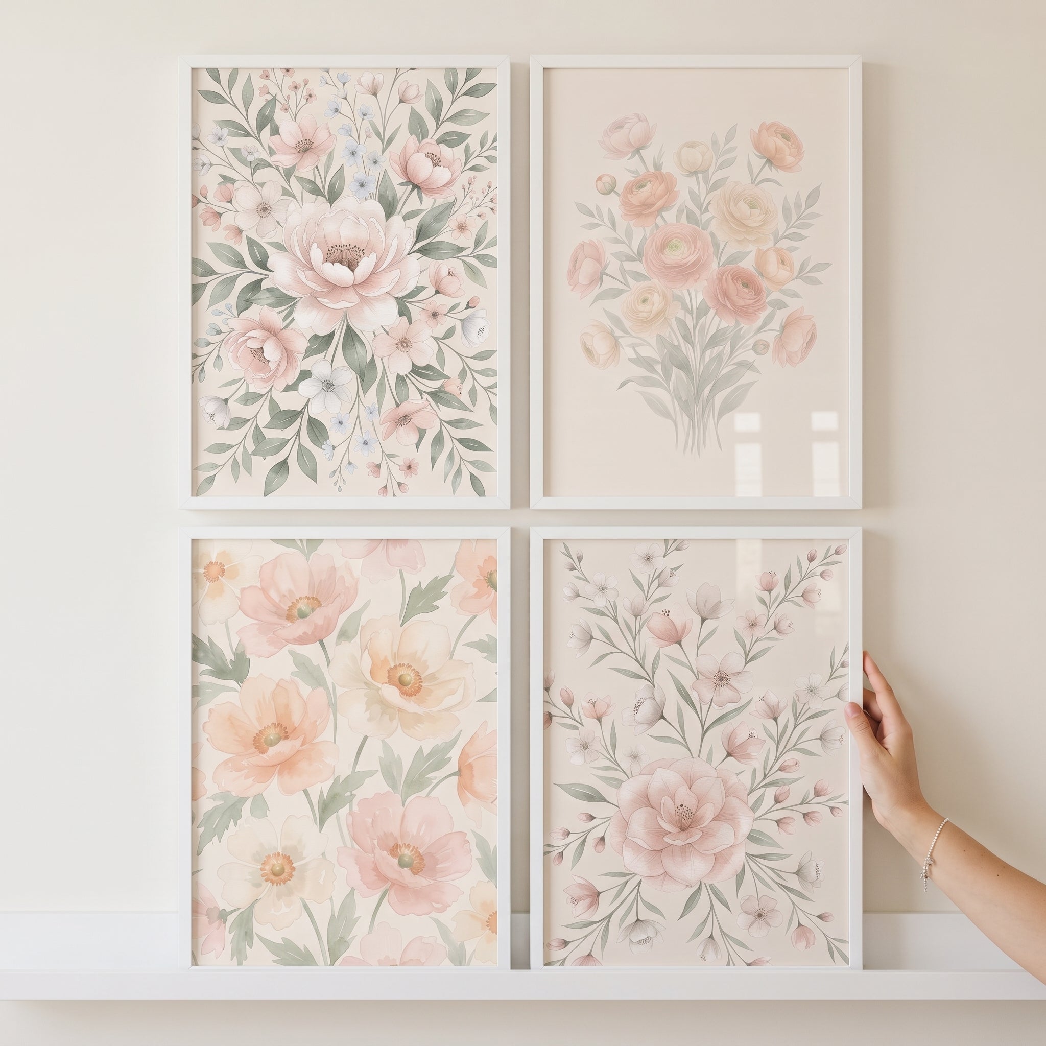 Soft Pastel Garden Wall Art Set of 4 - Blush Floral Collection