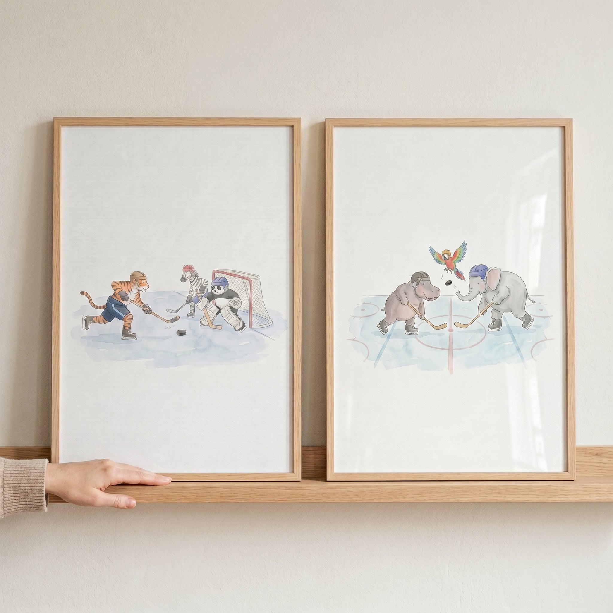 Soft Pastel Hockey Animals Print Set of 2 - Animal Hockey Match