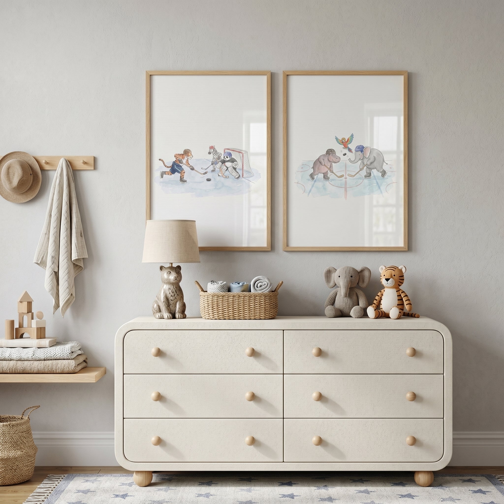 Soft Pastel Hockey Animals Print Set of 2 - Animal Hockey Match