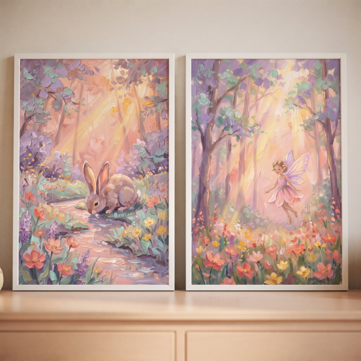 Soft pastel impasto forest wall art set of 2 featuring a bunny by a stream and a fairy in a sunlit flower garden.