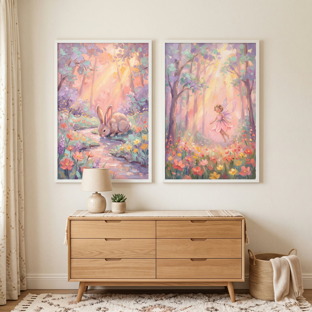 Soft Pastel Impasto Forest Wall Art Set of 2 - Whimsical Woodland Dream