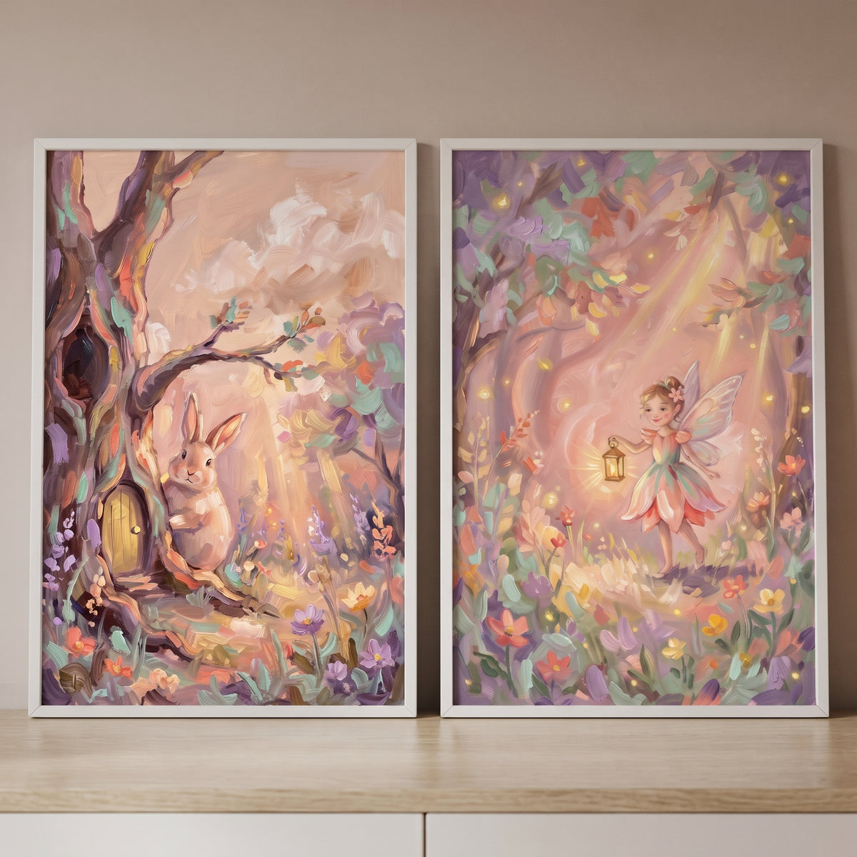Soft Pastel Impasto Woodland Wall Art Set of 2 - Whimsical Fairy Garden