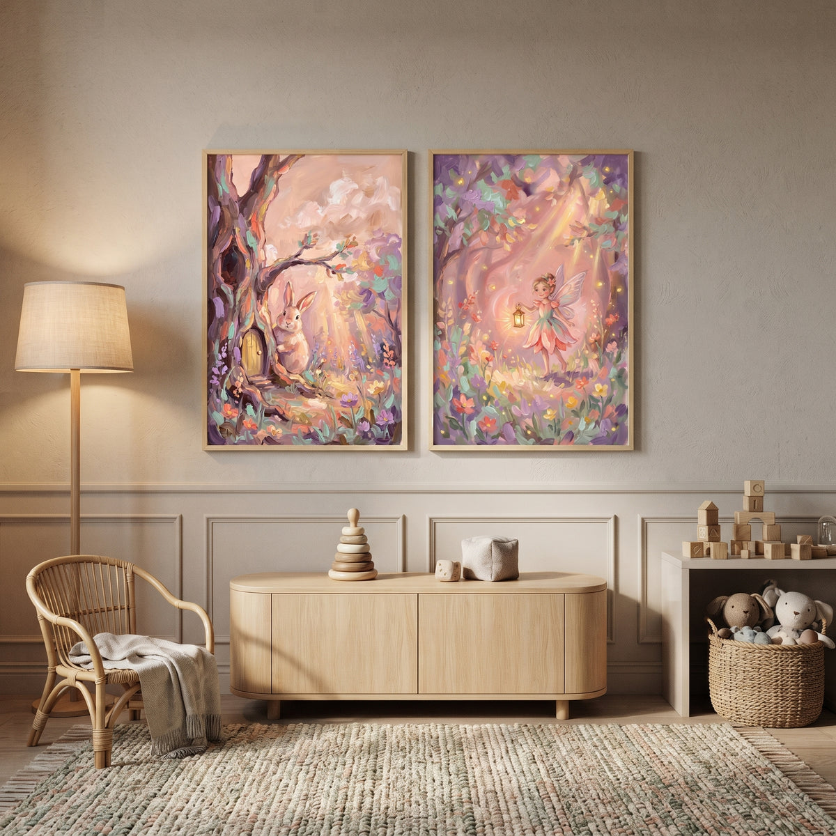 Soft Pastel Impasto Woodland Wall Art Set of 2 - Whimsical Fairy Garden