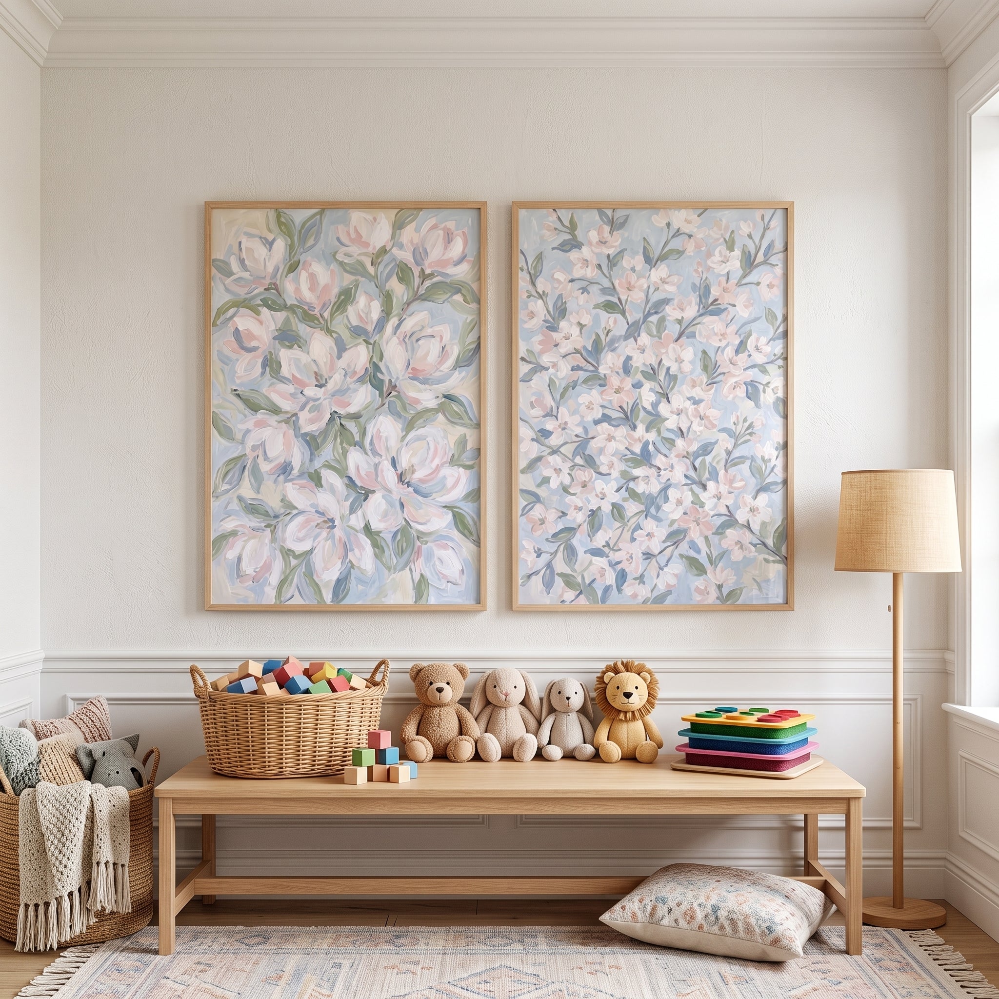 Soft Pastel Impressionist Blossom Floral Wall Art Set of 2 - Gentle Floral Hues