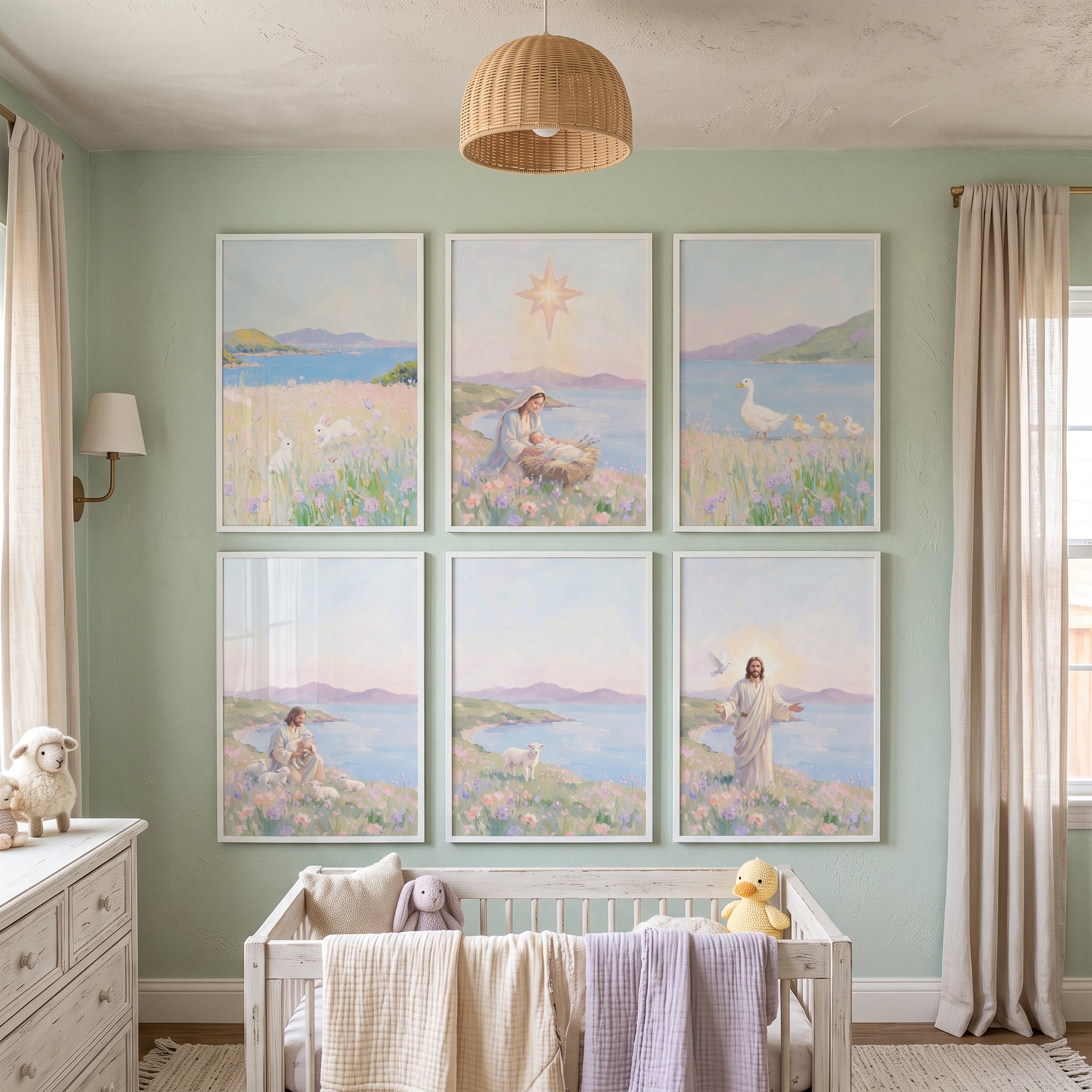 Soft Pastel Landscape Coastal Wall Art Set of 6 - Jesus Christ Journey
