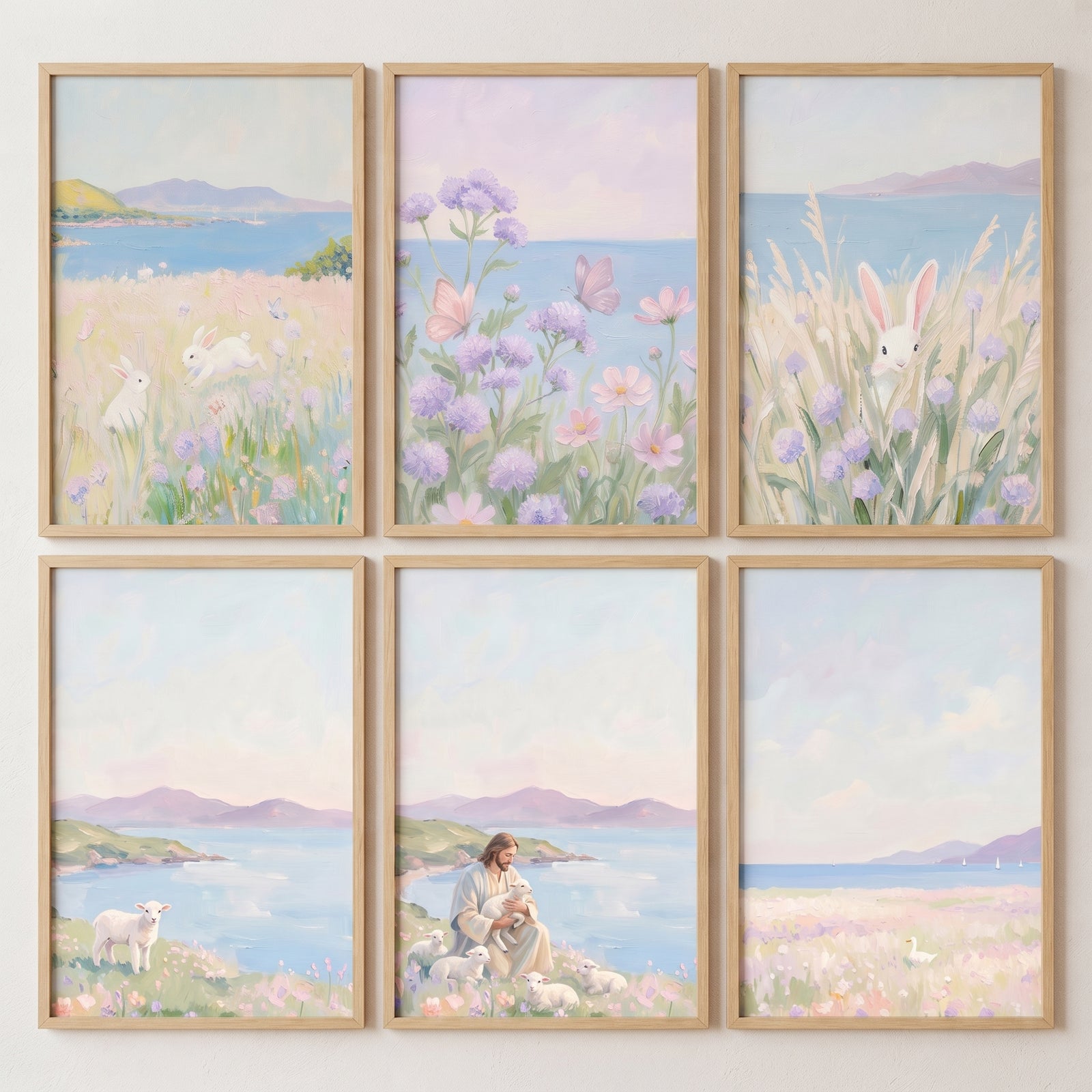 Soft pastel lavender coastal wall art set of 6 featuring rabbits, lambs, a duck, and Jesus Christ by the sea.