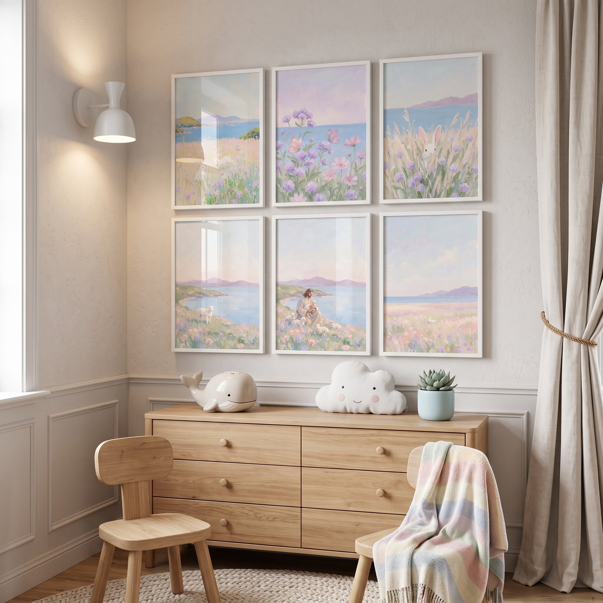 Soft Pastel Lavender Coastal Wall Art Set of 6 - Jesus Gentle Shepherd