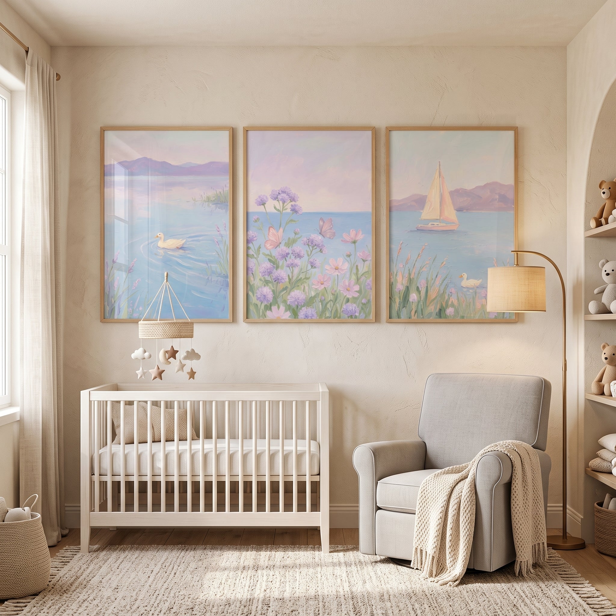 Soft Pastel Lavender Landscape Wall Art Set of 3 - Pastel Lakeside Serenity
