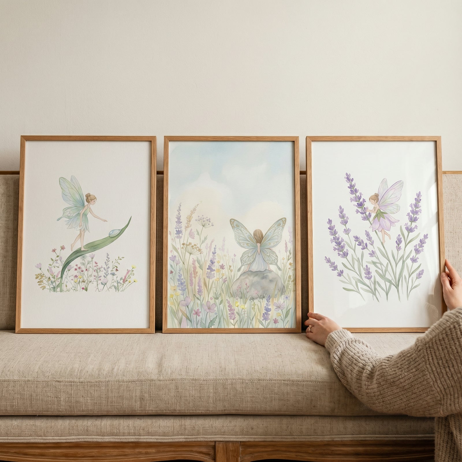 Soft pastel meadow fairy wall art set of 3 framed prints of whimsical fairies and flowers resting on a tan sofa.
