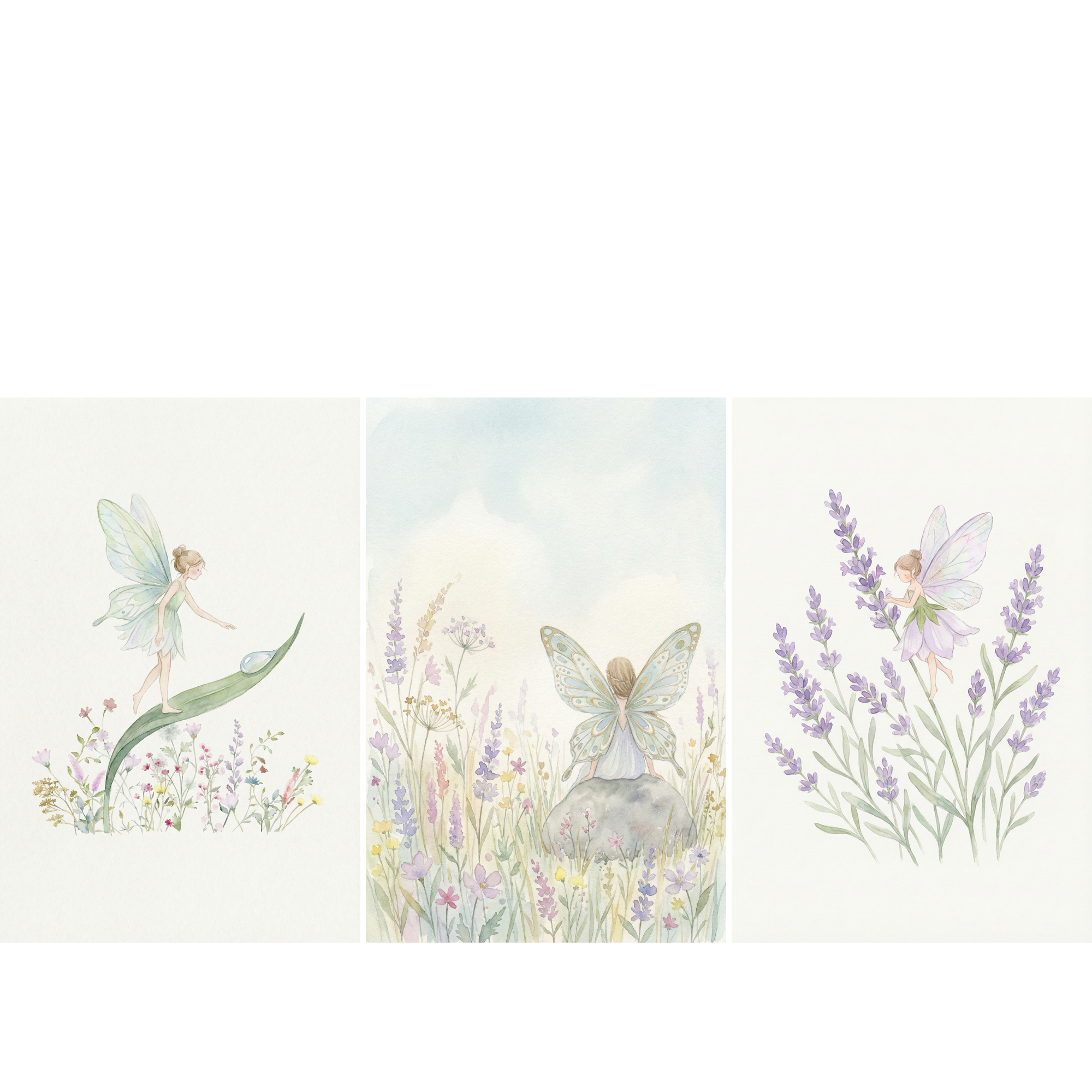 Soft Pastel Meadow Fairy Wall Art Set of 3 - Pastel Garden Sprites