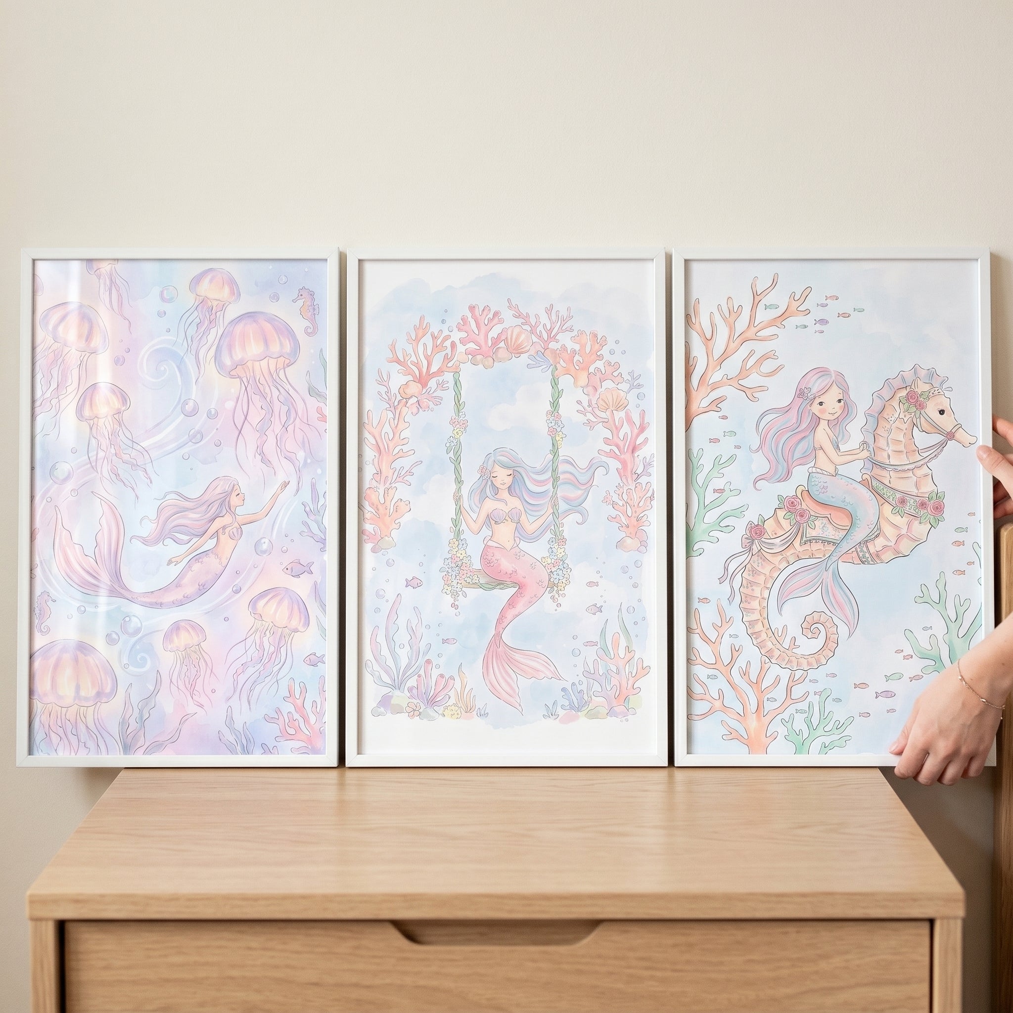 Soft Pastel Mermaid Wall Art Set of 3 - Whimsical Ocean Tales