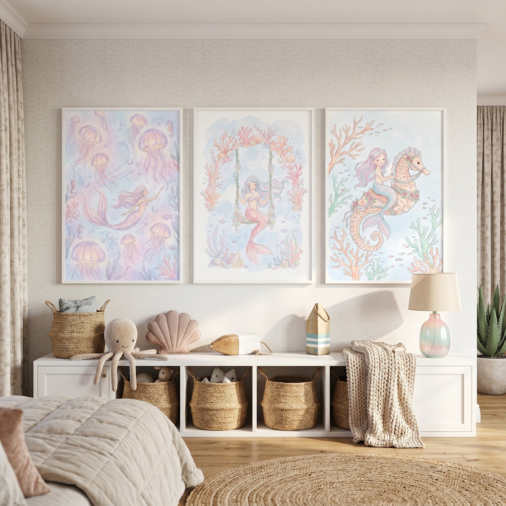 Soft Pastel Mermaid Wall Art Set of 3 - Whimsical Ocean Tales