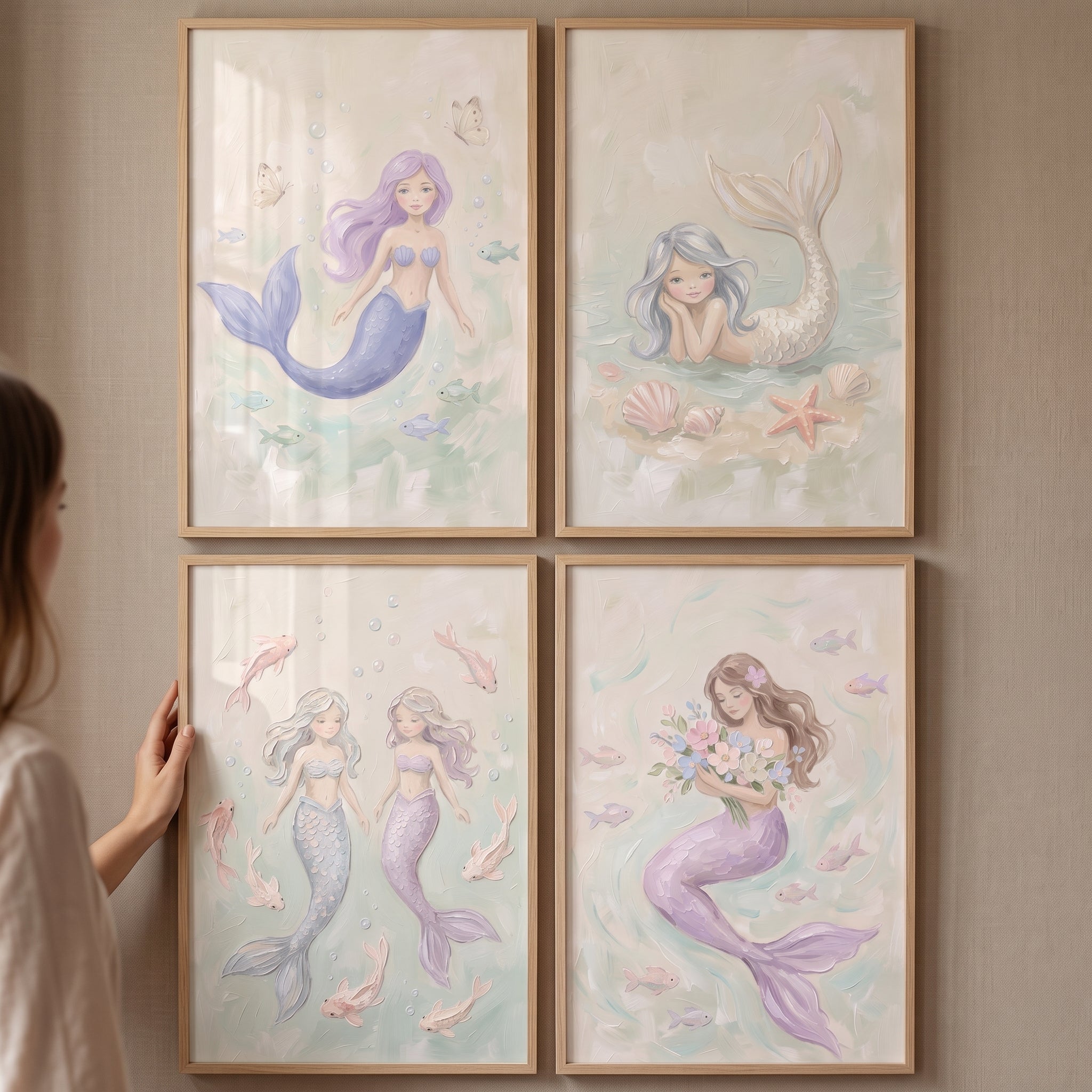Soft Pastel Ocean Mermaid Wall Art Set of 4 - Serene Ocean Maidens