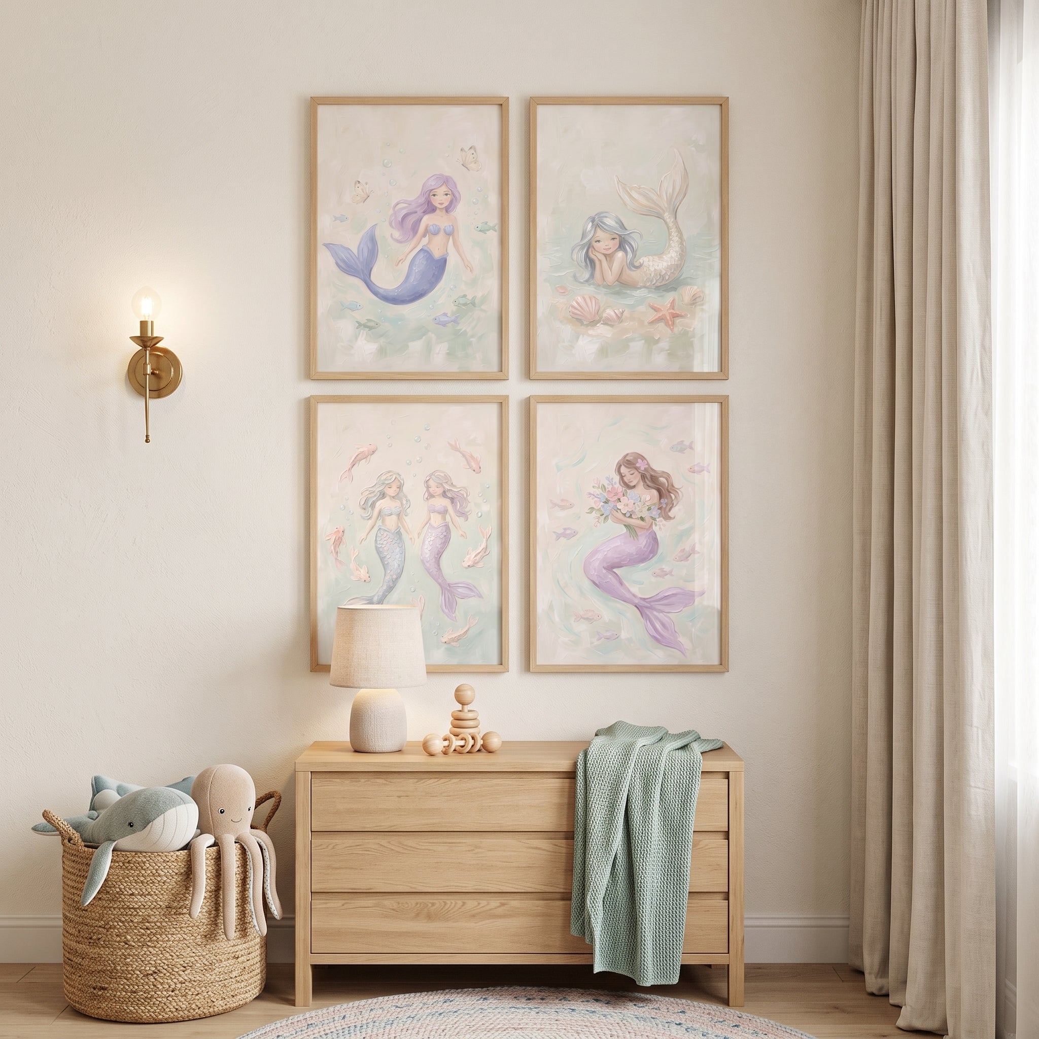 Soft Pastel Ocean Mermaid Wall Art Set of 4 - Serene Ocean Maidens