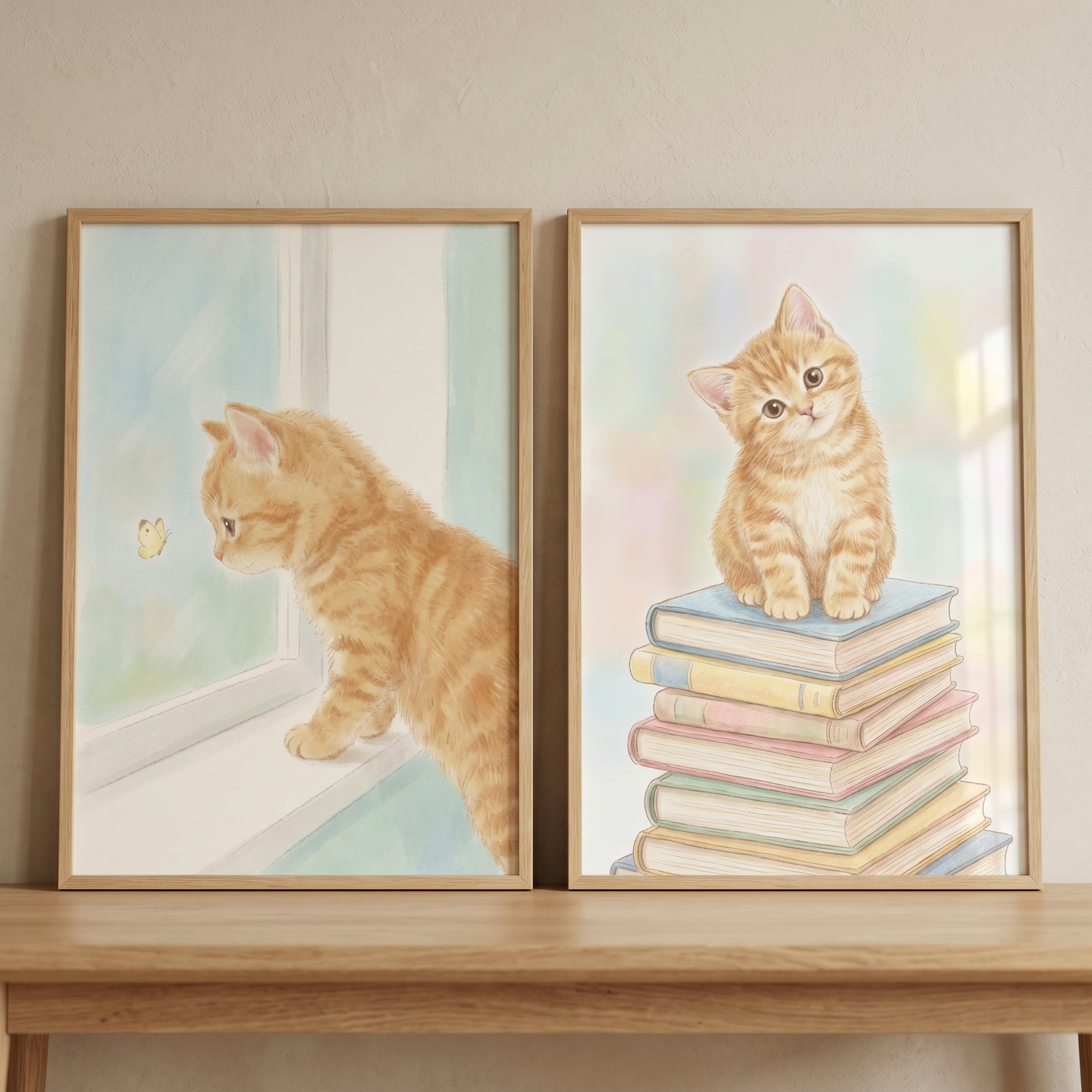 Soft Pastel Orange Kitten Wall Art Set of 2 - Scholarly Tabby Cat