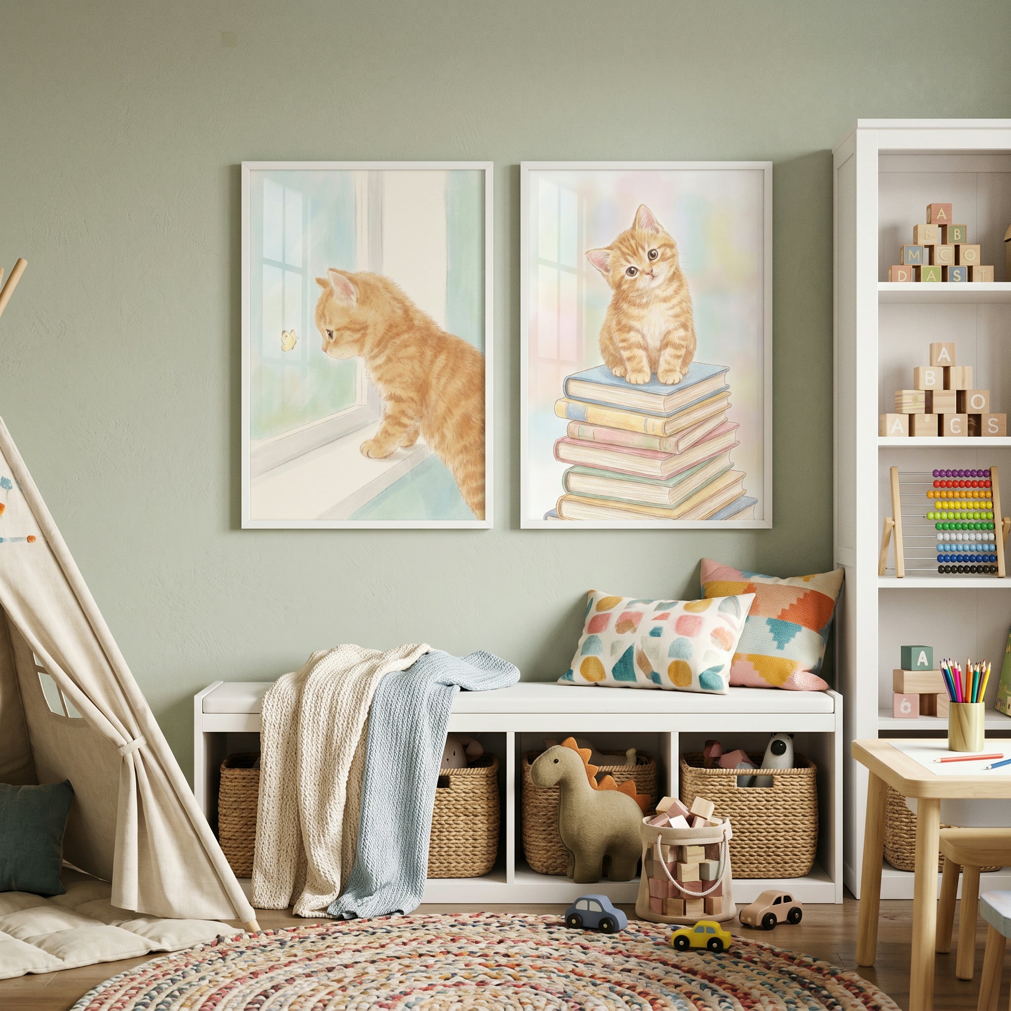 Soft Pastel Orange Kitten Wall Art Set of 2 - Scholarly Tabby Cat