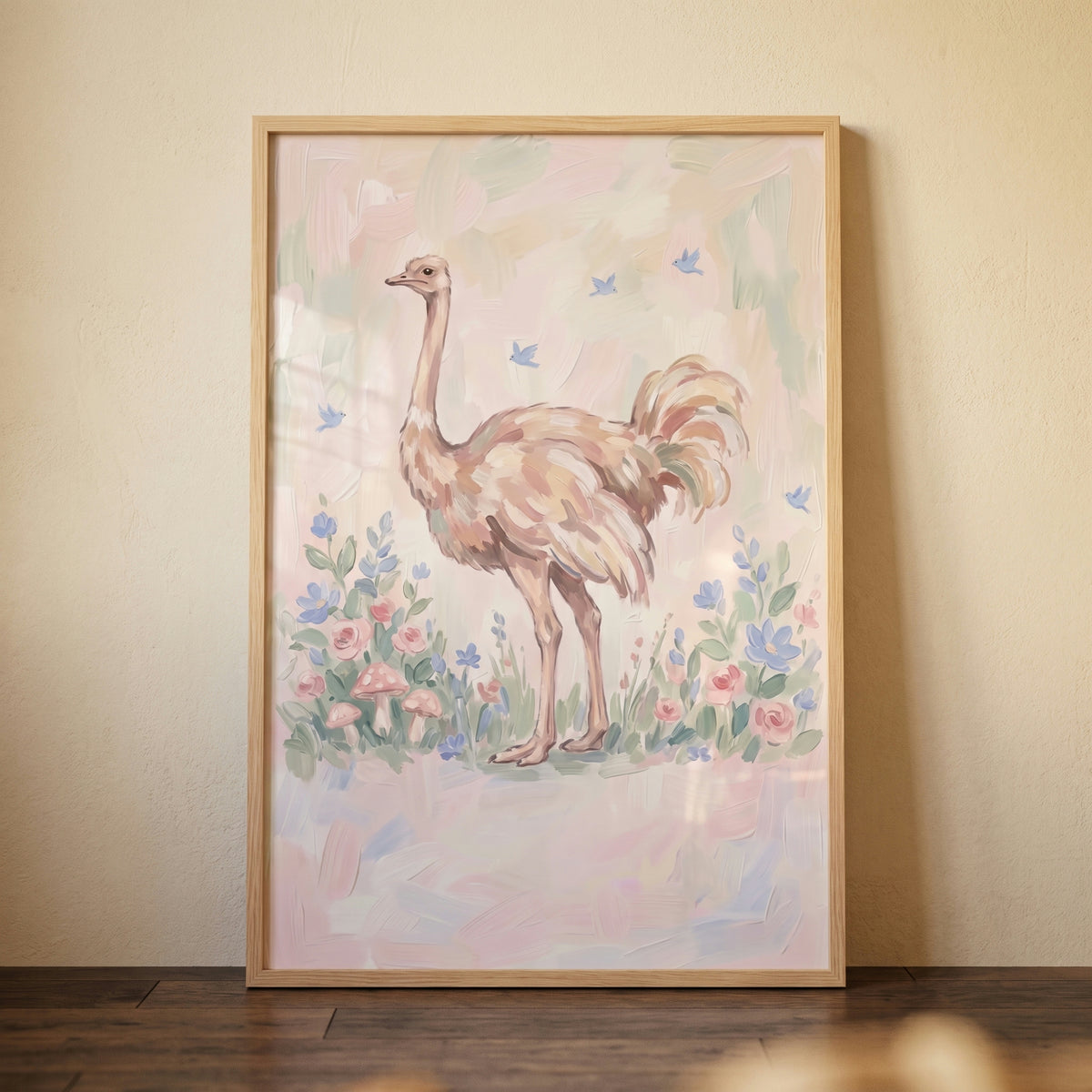 Soft pastel ostrich floral wall art featuring a beige bird among colorful flowers and mushrooms in a light wood frame.