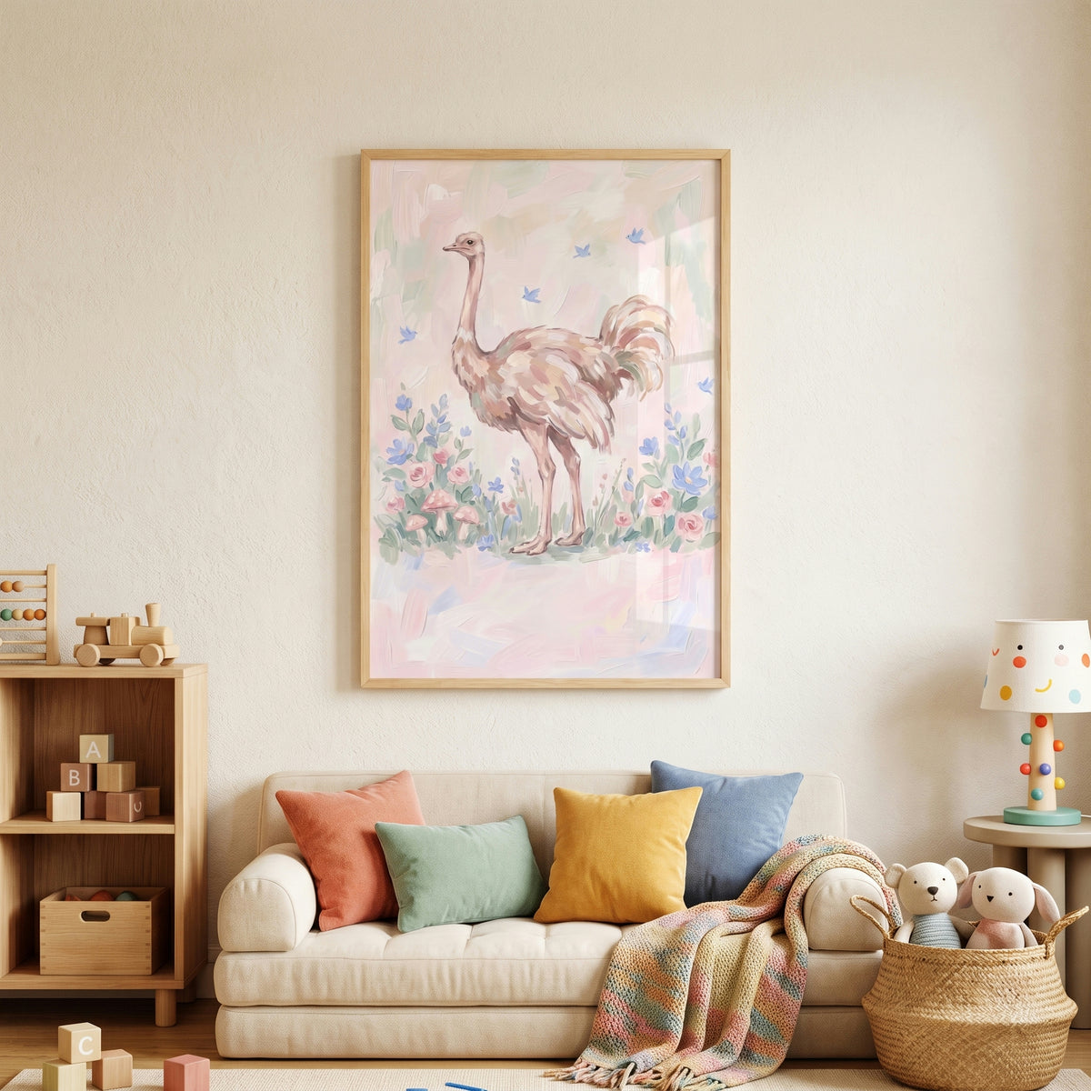 Soft Pastel Ostrich Floral Wall Art - Whimsical Ostrich Garden