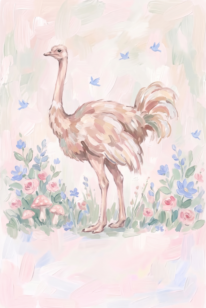 Soft pastel ostrich floral wall art with an ostrich, pink roses, blue flowers, mushrooms, and small blue birds.