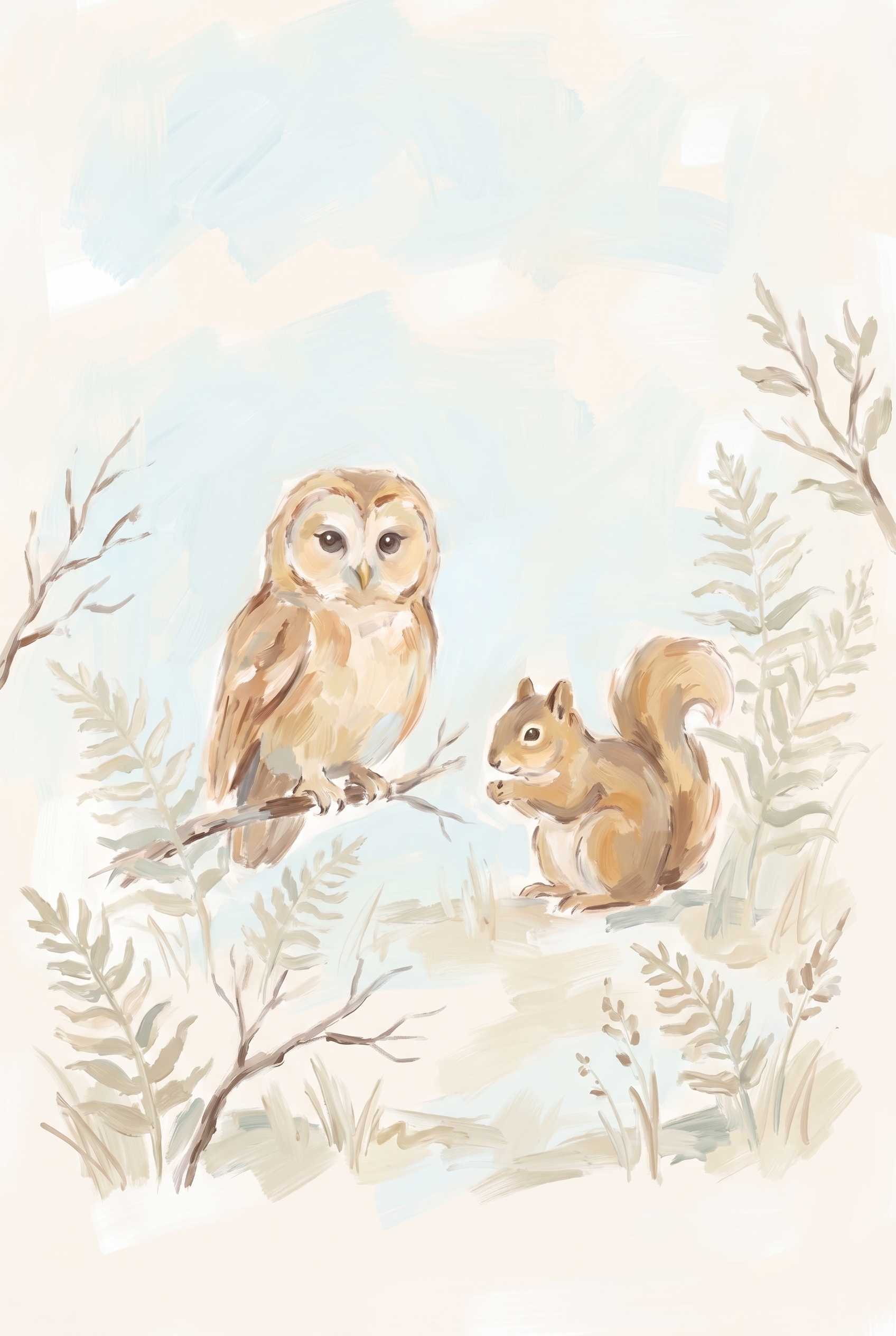 Soft Pastel Owl Squirrel Animals Wall Art - Quiet Nature Duo