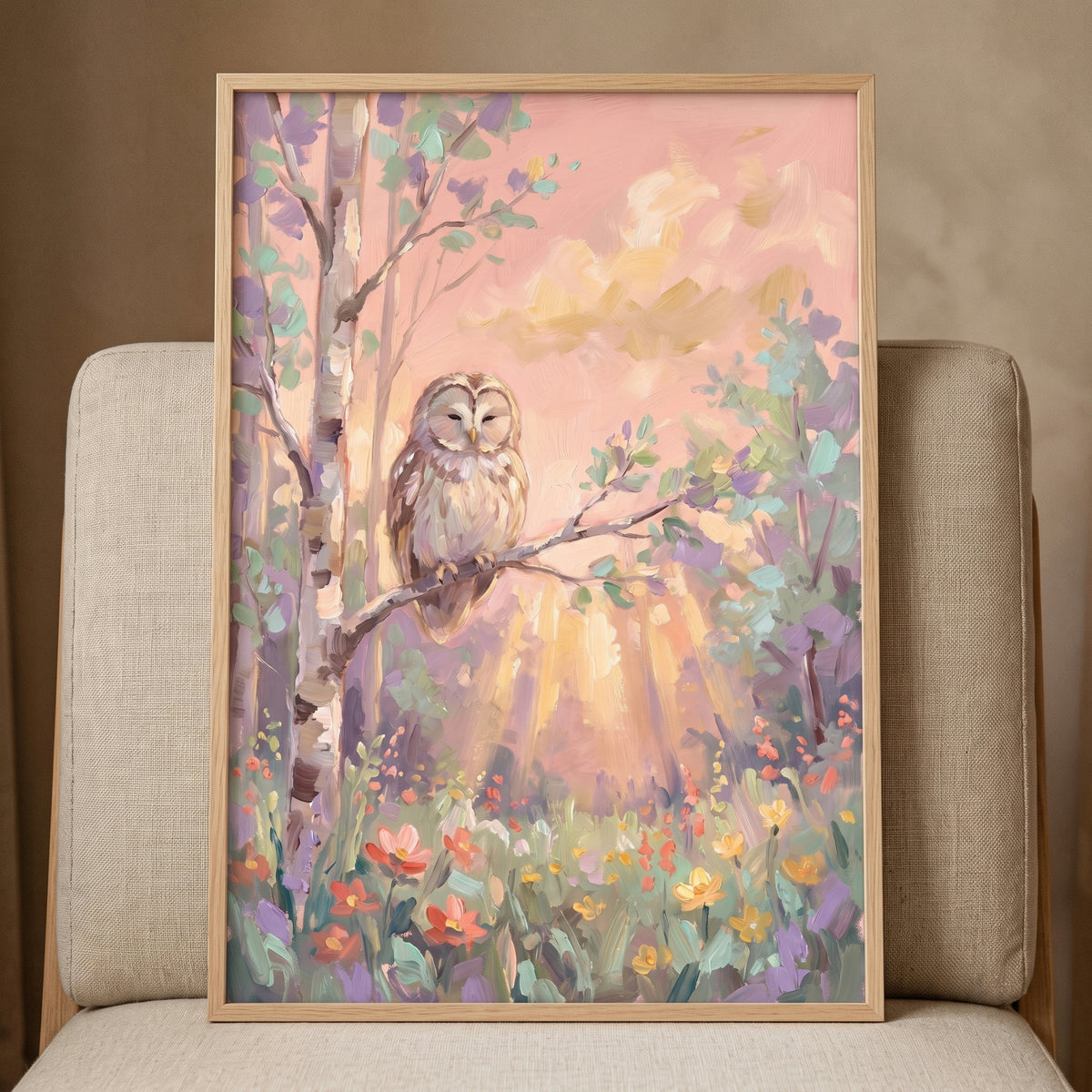 Soft pastel owl woodland wall art featuring an owl on a birch branch above a sunlit field of colorful wildflowers.