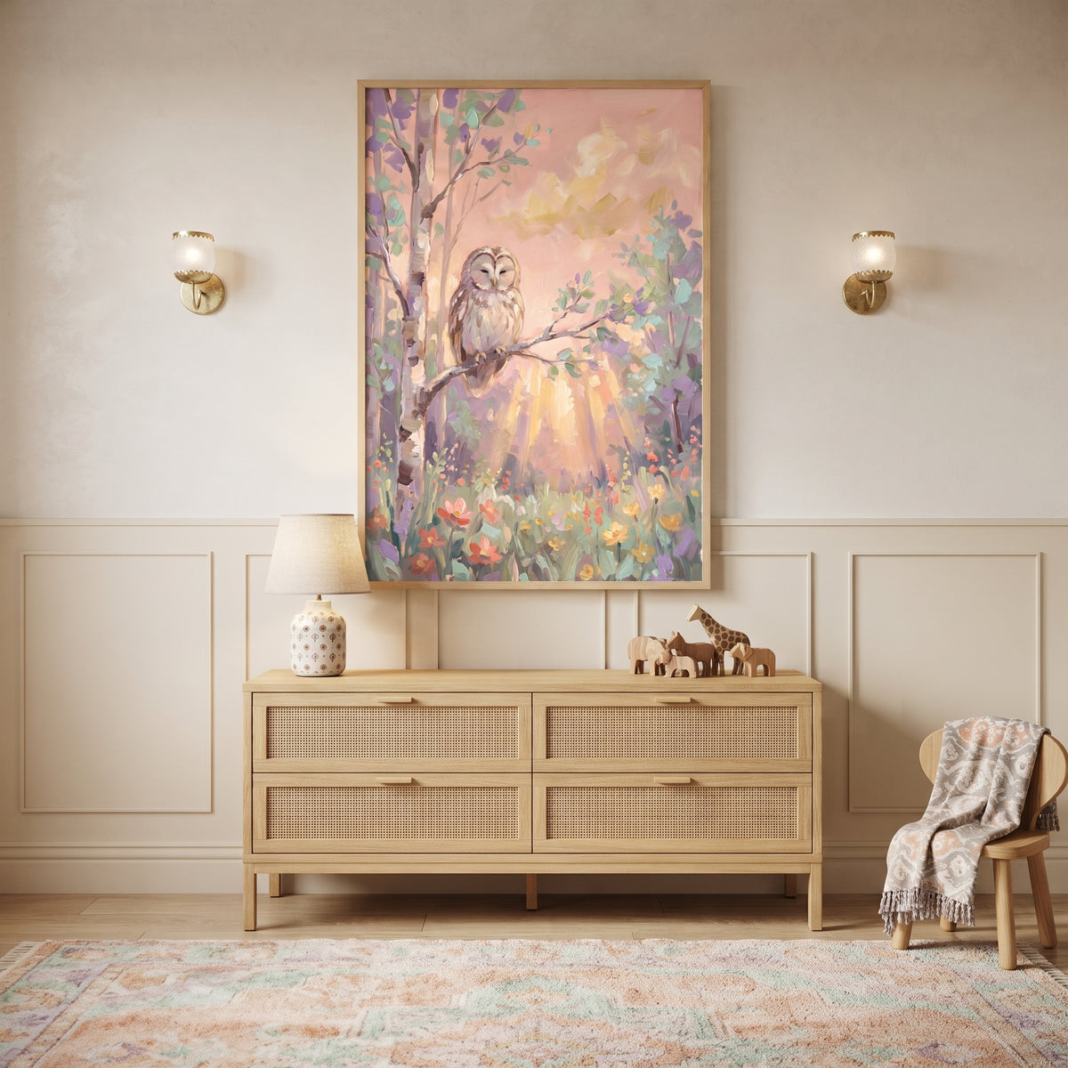 Soft Pastel Owl Woodland Wall Art - Pastel Forest Owl