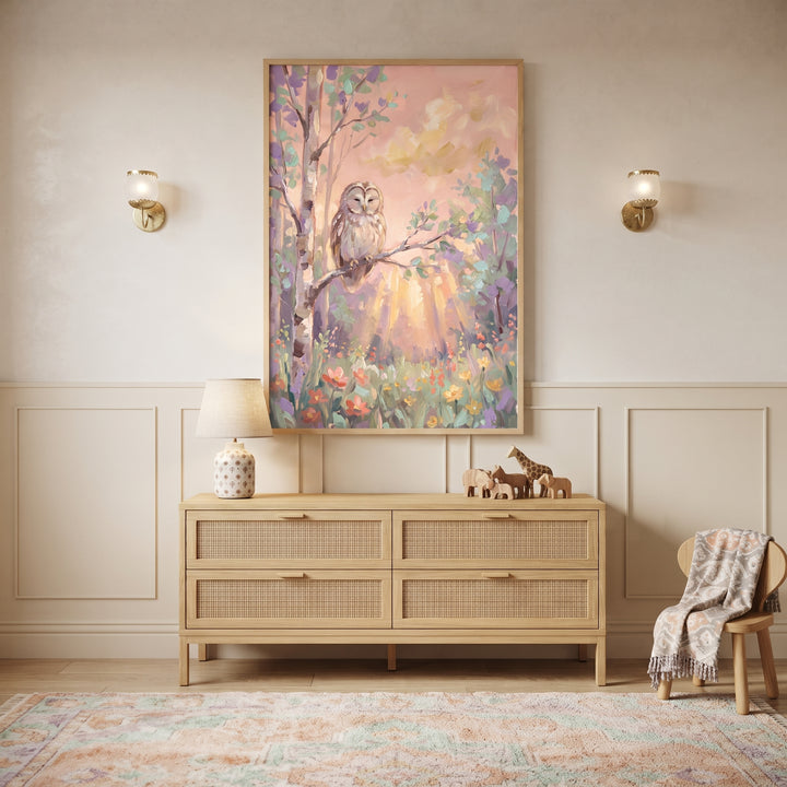 Soft pastel owl woodland wall art hangs above a light wood dresser with woven drawers in a neutral room with a rug.